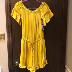 Gold off-the-shoulder ruffled romper